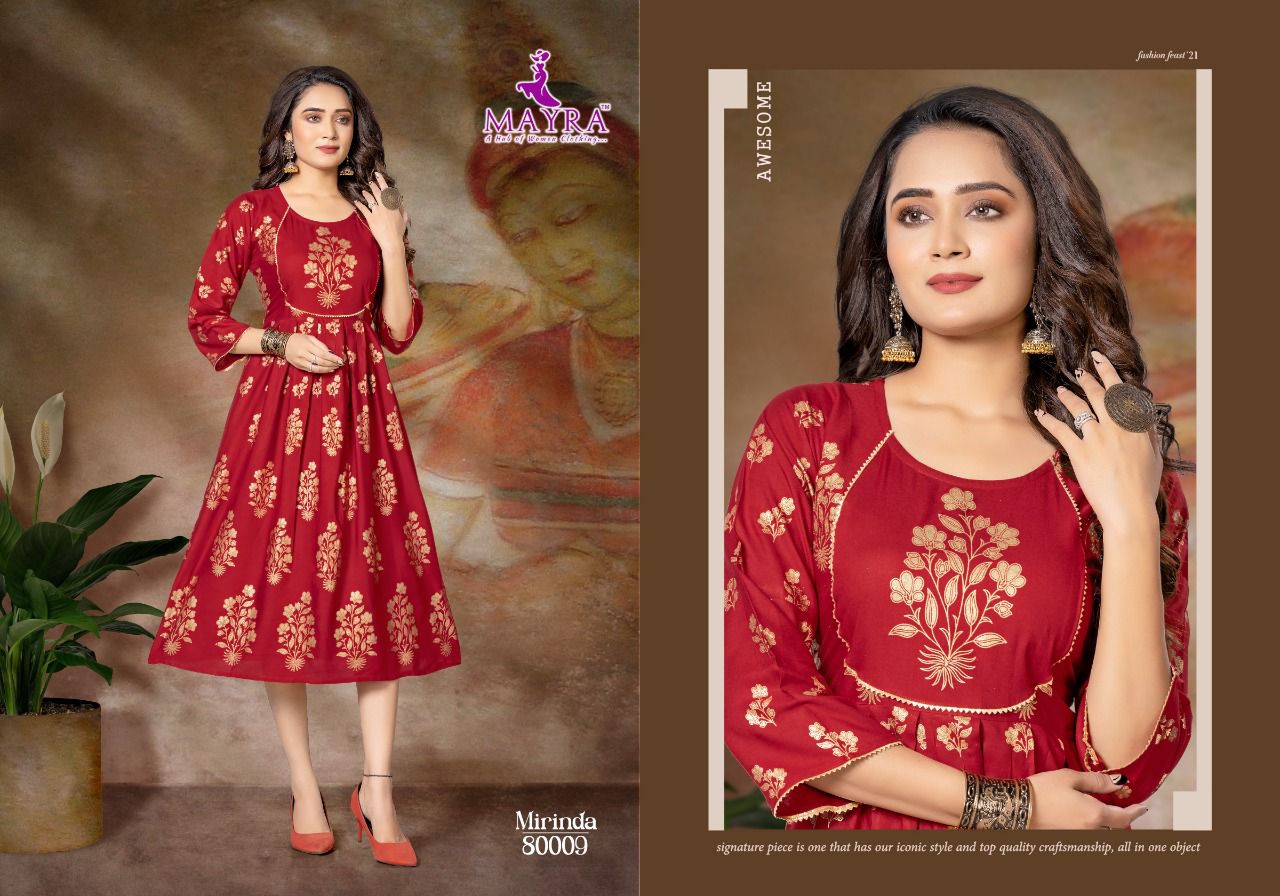 Mayra Mirinda Rayon Printed Ethnic Wear Anarakli Kurti Collection
